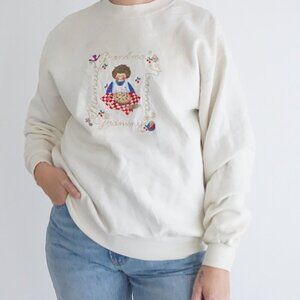 Vintage B. Wear Cream Embroidered Grandma Cherry Pie Cotton Crewneck Sweater M